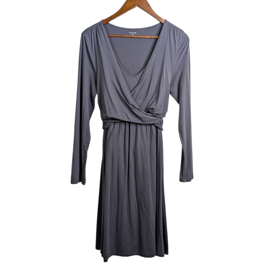 Garnet Hill Knit Dress Medium Gray Draped Bodice Faux Wrap Long Sleeve Career